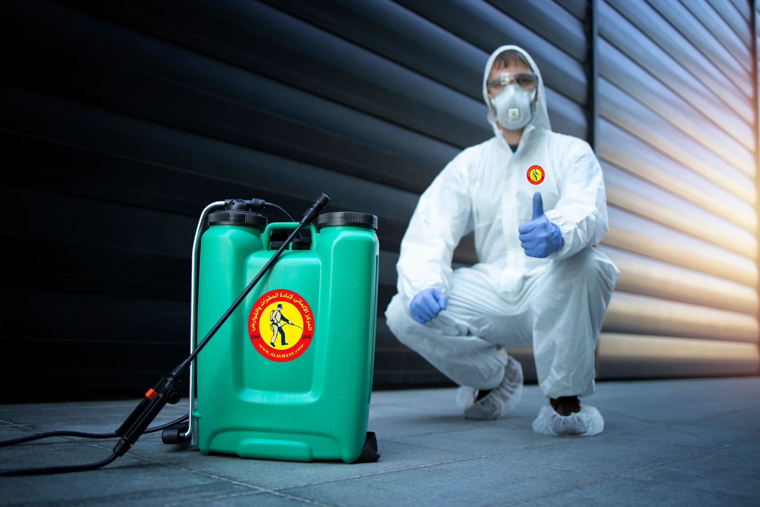 exterminator white protective uniform standing by reservoir with chemicals sprayer scaled 1