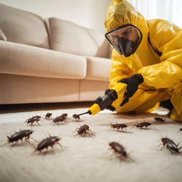 Pest control action in home environment exterminator removing cockroaches from living room Premium AI generated image